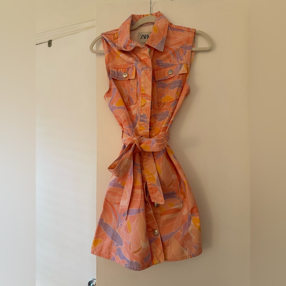 Zara Orange Buttoned Tie Front Sleeveless Dress
